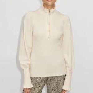 ME+EM Merino Wool Quarter Zip Stretch Smocked Pearl Detail Sweater Cream LARGE